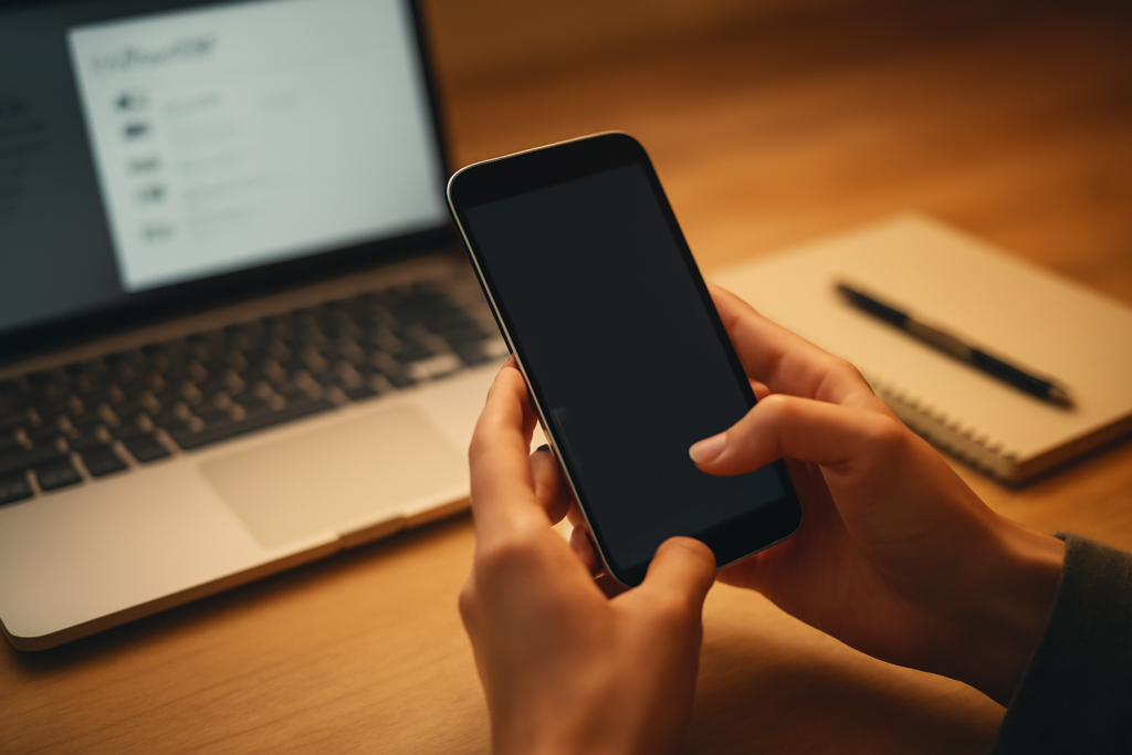 Tangan memegang ponsel di samping laptop untuk mengatur penghapusan akun media sosial lama
